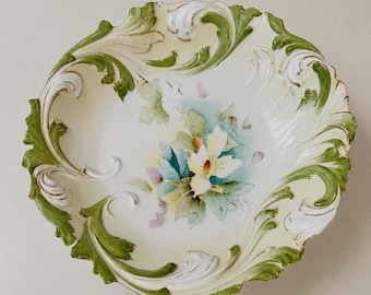 Antique RS Prussia 12" Shallow Bowl with Teal & Yellow Floral, gold trim