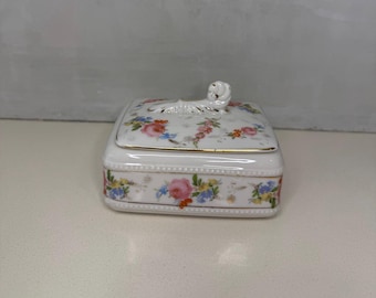 Vintage Floral Porcelain Lidded Trinket Box, Appr. 3" tall