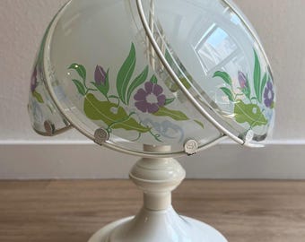 Vintage White Touchlamp with a Glass Shade, purple & green floral lily pattern