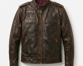 America 250th Anniversary Distressed Leather Biker Jacket | Eagle Patch USA Semiquincentennial