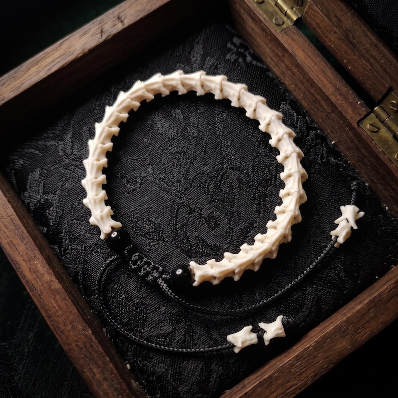 May include: A bracelet constructed from a series of off-white, segmented vertebrae bones arranged in a circular pattern. The piece features two smooth, round black beads and is secured with a black cord, finished with small bone accents at the ends.