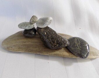 Coastal Beach Home Décor,  Rustic Style Accent, Zen Garden Structure, Rock and Driftwood Sculpture,  Handmade Art, OOAK