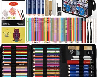 100 Art Supplies Drawing Kit with Sketchbook, Coloring Book & Artist Case