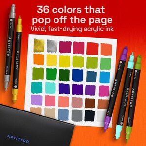 May include: A display of ARTISTRO dual-tip acrylic paint markers, featuring 36 colours. The markers are black with white text, and a colour chart shows a variety of shades. The text reads "36 colours that pop off the page."