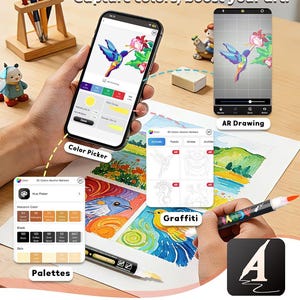 K&ouml;nnte beinhalten: Ein Smartphone mit der AedagaColor-App-Oberfl&auml;che, die Funktionen zur Farbauswahl und AR-Zeichnung bietet, zusammen mit Acrylmarkern, einem h&ouml;lzernen Pinselhalter und farbenfrohen Kunstwerken. Der Bildschirm zeigt eine Kolibri-Illustration.