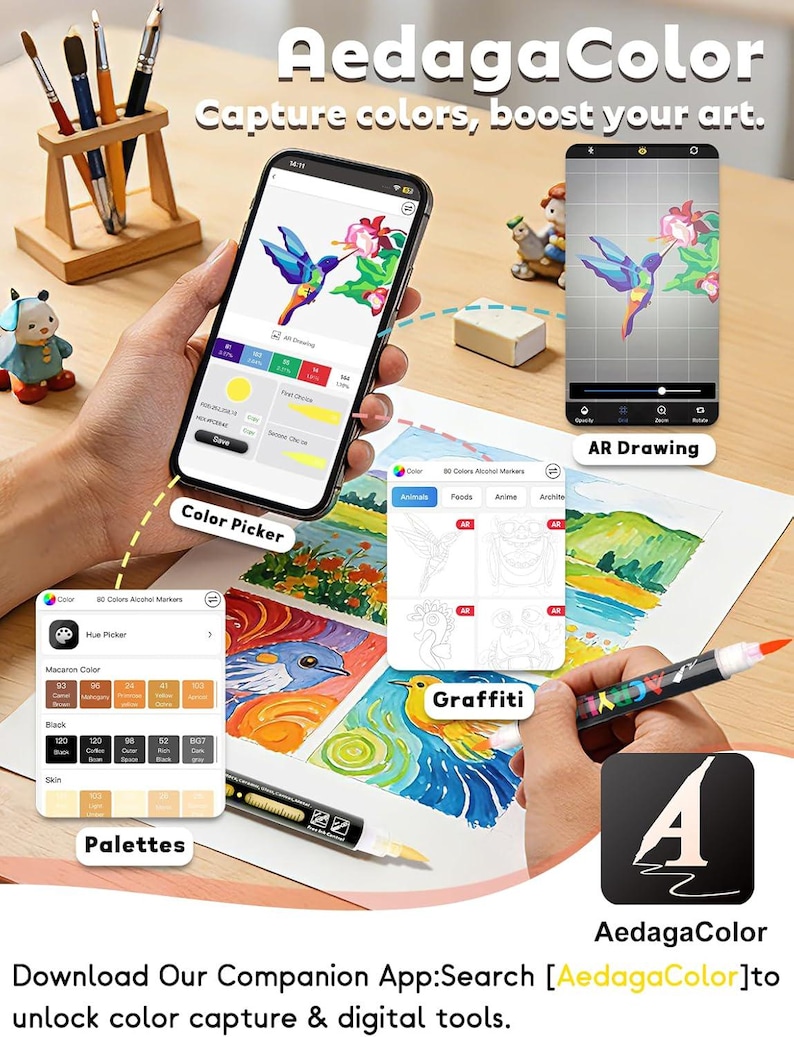 K&ouml;nnte beinhalten: Ein Smartphone mit der AedagaColor-App-Oberfl&auml;che, die Funktionen zur Farbauswahl und AR-Zeichnung bietet, zusammen mit Acrylmarkern, einem h&ouml;lzernen Pinselhalter und farbenfrohen Kunstwerken. Der Bildschirm zeigt eine Kolibri-Illustration.