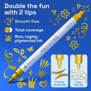 May include: A white dual-tip marker with gold accents and the brand name ARTISTRO printed on the barrel. The marker features a 1-5 mm brush tip and a 1 mm fine tip. Text on the image includes Double the fun with 2 tips, Smooth flow, Total coverage, and Rich, highly-pigmented ink.