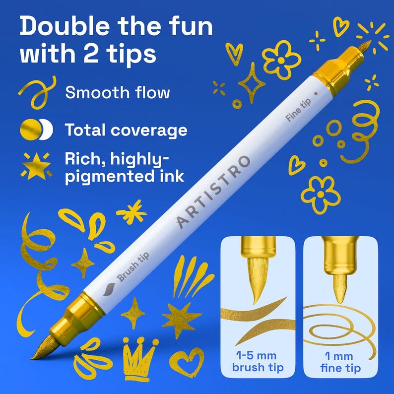 May include: A white dual-tip marker with gold accents and the brand name ARTISTRO printed on the barrel. The marker features a 1-5 mm brush tip and a 1 mm fine tip. Text on the image includes Double the fun with 2 tips, Smooth flow, Total coverage, and Rich, highly-pigmented ink.
