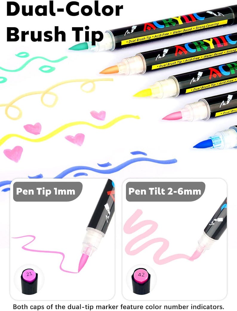K&ouml;nnte beinhalten: Ein Set schwarzer Acrylmarker mit zweifarbigen Pinselspitzen, beschriftet mit Dual-Color Brush Tip, Acrylic, Pen Tip 1mm und Pen Tilt 2-6mm. Die Marker zeigen verschiedene Tintenfarben auf Papier, wobei die Kappen mit Farbnummern versehen sind.