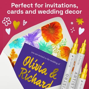May include: Three white markers with gold caps and tips, labeled ARTISTRO, alongside an envelope with a floral interior and a purple invitation card featuring the gold text "you are invited to the wedding of Olivia & Richard" on a pink background.