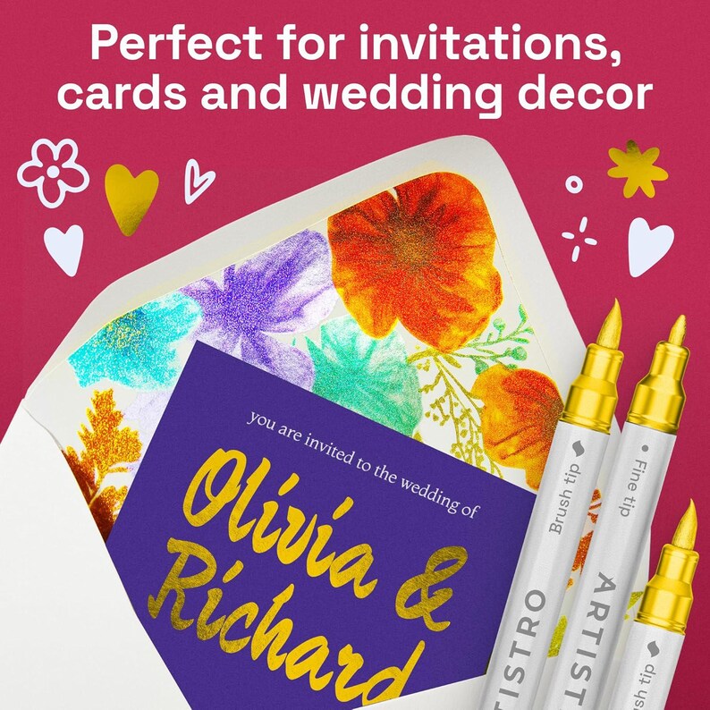 May include: Three white markers with gold caps and tips, labeled ARTISTRO, alongside an envelope with a floral interior and a purple invitation card featuring the gold text "you are invited to the wedding of Olivia & Richard" on a pink background.