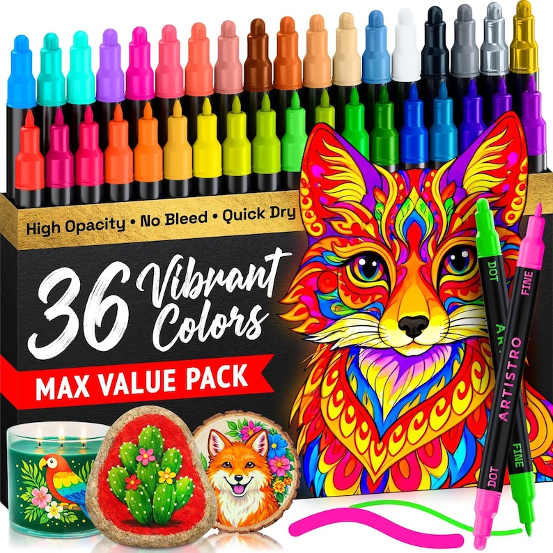 May include: A collection of 36 vibrant colour dot markers in a box, with the text "36 Vibrant Colors MAX VALUE PACK". The box features a colourful fox illustration. Two black markers with green and pink tips are in front.