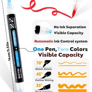K&ouml;nnte beinhalten: Ein 14 cm langer Marker mit zwei Spitzen, schwarzem Geh&auml;use, sichtbarem Tintenstand sowie blauer und roter Spitze. Der Stift enth&auml;lt den Text 'Easy to use', 'No Ink Separation', 'Visible Capacity' und 'Automatic ink control system'.