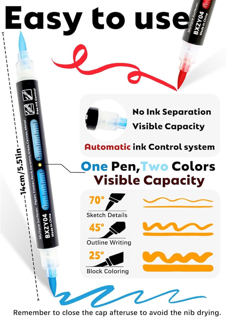K&ouml;nnte beinhalten: Ein 14 cm langer Marker mit zwei Spitzen, schwarzem Geh&auml;use, sichtbarem Tintenstand sowie blauer und roter Spitze. Der Stift enth&auml;lt den Text 'Easy to use', 'No Ink Separation', 'Visible Capacity' und 'Automatic ink control system'.