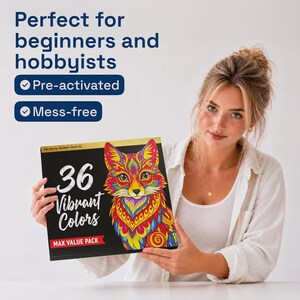 May include: A coloring book featuring a vibrant fox illustration on a black cover. The book is labelled "36 Vibrant Colors" and "Max Value Pack". The cover also states it is pre-activated and mess-free.