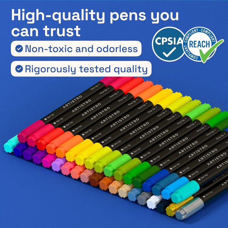 May include: A selection of ARTISTRO fine-tip pens in a range of colours, such as red, orange, yellow, green, and blue. The pens are displayed diagonally on a blue background. The image includes the text "High-quality pens you can trust."