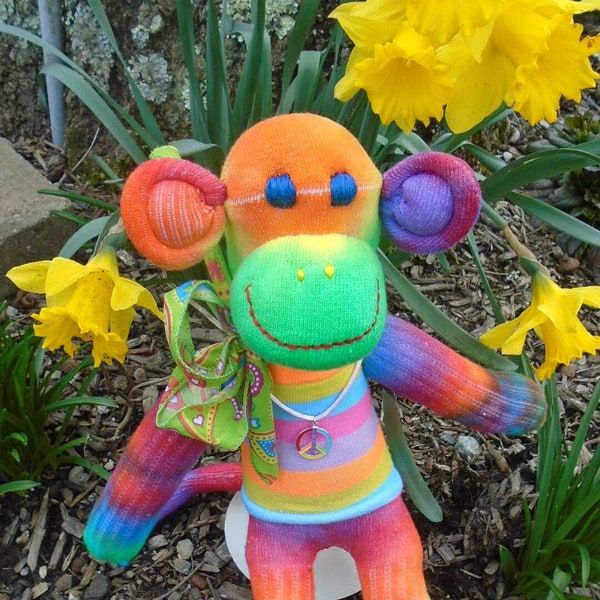 Colorful Tie Dye Sock Monkey Doll With Bright Sweater And Peace Sign Earring