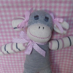Small Sock Monkey Doll SOFT Pink, Off White And Gray
