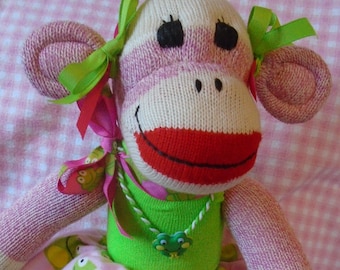 Pink Red Heel Sock Monkey Girl Doll Dressed With Frog Skirt and Ribbon