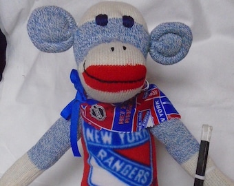 New York Rangers Hockey Sock Monkey Doll With Stick And Puck Blue Or Brown