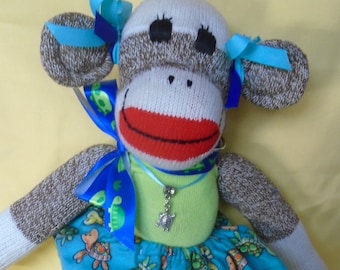 Myrtle The Turtle Girl Red Heel Sock Monkey Girl Doll Dressed In Turtle Skirt And ribbon