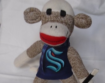 Seattle Kraken Hockey Sock Monkey Doll With Hockey Stick And Puck