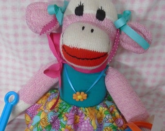 Gardener Sock Monkey Doll With Floral Skirt and Watering Pail