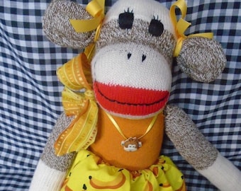 Classic Red Heel Sock Monkey Doll Girl "Going Bananas"  With Banana Print Skirt