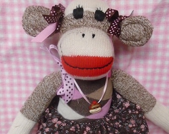 Pretty Preppy Brown Sock Monkey Girl Doll In Argyle And Flowers