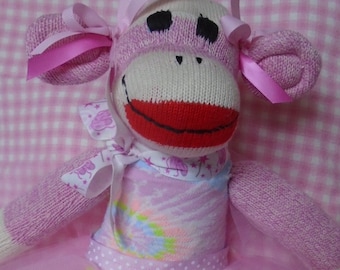 Dance Recital Ballerina Dancer Classic Pink Sock Monkey Doll In Pink Tutu