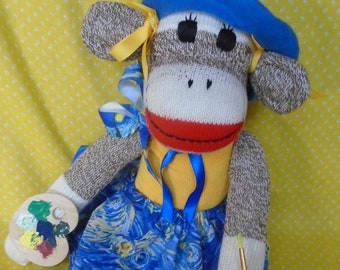 Artist /Painter Sock Monkey Doll With Palette And Paintbrush