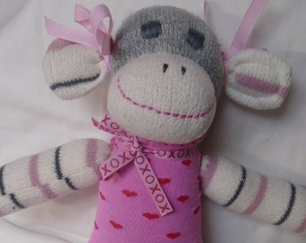 VALENTINE Sock Monkey Doll SOFT Pink, Off White And Gray