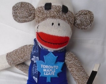 Toronto Maple Leaf Hockey Sock Monkey Doll With Hockey Stick And Puck