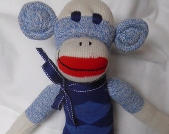 Blue Denim Classic Red Heel Sock Monkey Boy Doll In Argyle Sweater