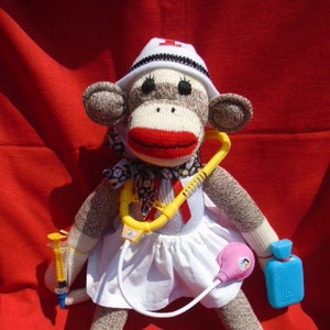 Nurse/RN Classic Brown Red Heel Sock Monkey Doll/Nurse's Day May 6th