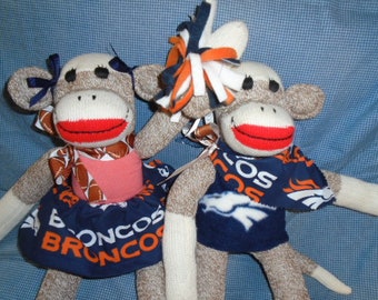 NFL Denver Broncos  Classic Brown Red Heel Sock Monkey Dolls Boy Or Girl/Handmade