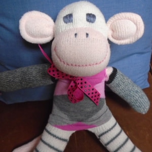 Sock Monkey Doll SOFT Pink, Off White Gray Stripes
