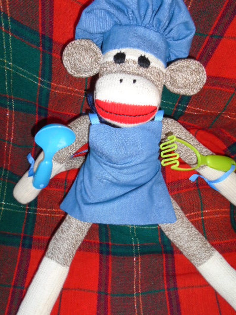 Chef Baker Cook Brown Red Heel SockMonkey Doll With Hat And Apron
