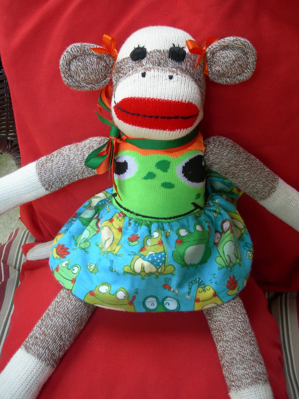 Red Heel Sock Monkey Girl Doll Dressed In Frog Sweater And Etsy