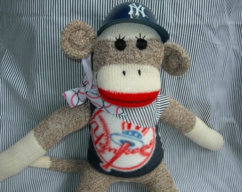 NY Yankee Classic Brown Red Heel Sock Monkey Doll/Handmade