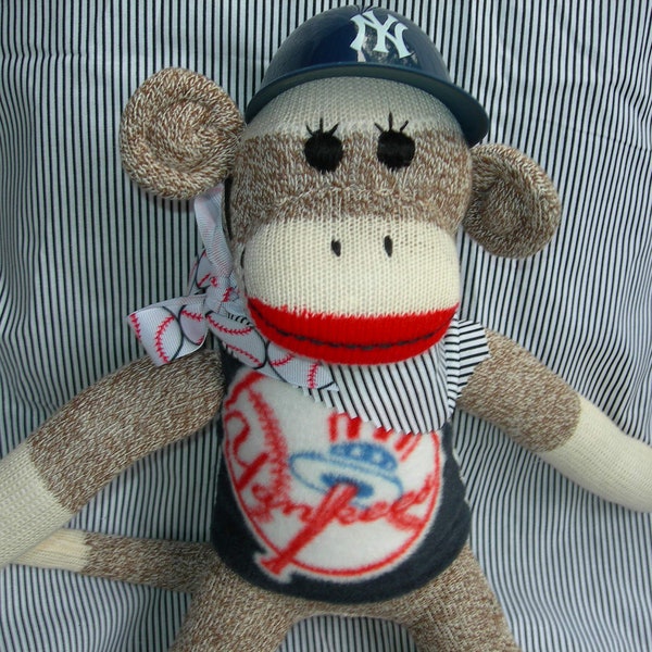 NY Yankee Classic Brown Red Heel Sock Monkey Doll/Handmade