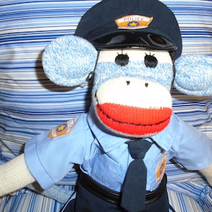 Policeman/Police Officer Classic Blue Denim Or Brown Sock Monkey Doll
