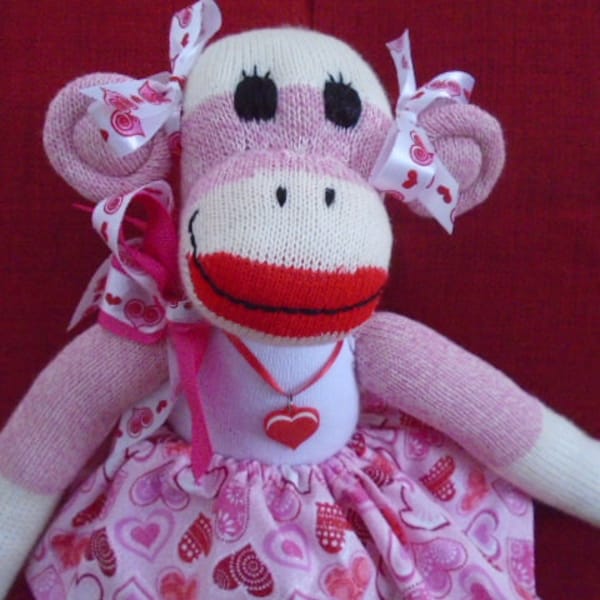 All You Need Is Love Classic Pink Red Heel Sock Monkey Girl Doll With Hearts Galore