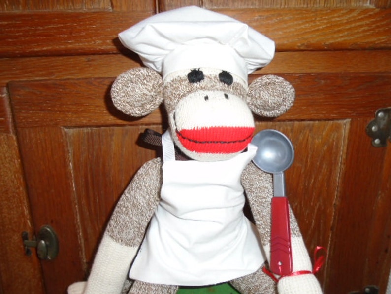 Chef Baker Cook Brown Red Heel SockMonkey Doll With Hat And Apron