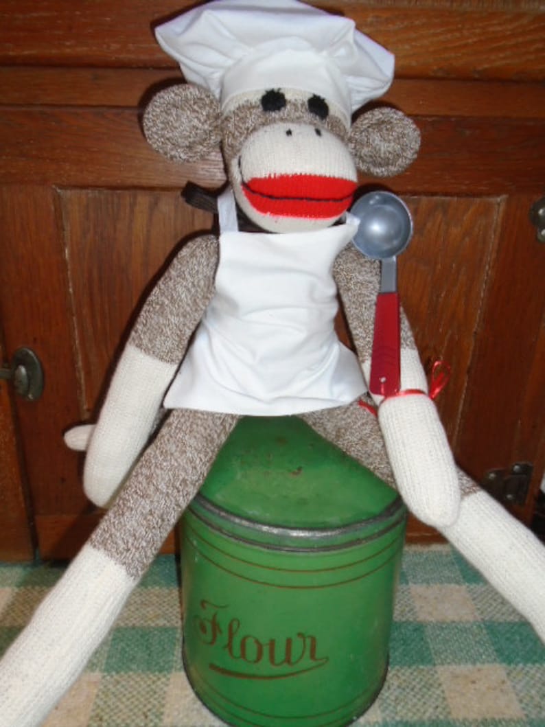 Chef Baker Cook Brown Red Heel SockMonkey Doll With Hat And Apron