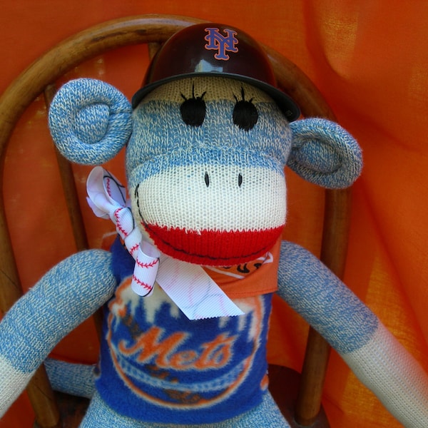 NY Mets Baseball Denim Blue Or Pink Classic Red Heel Sock Monkey Doll