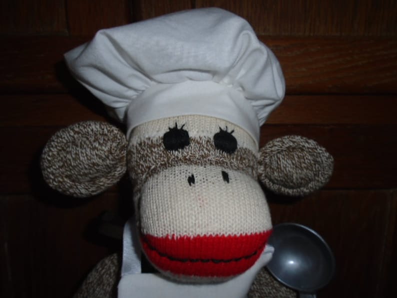 Chef Baker Cook Brown Red Heel SockMonkey Doll With Hat And Apron