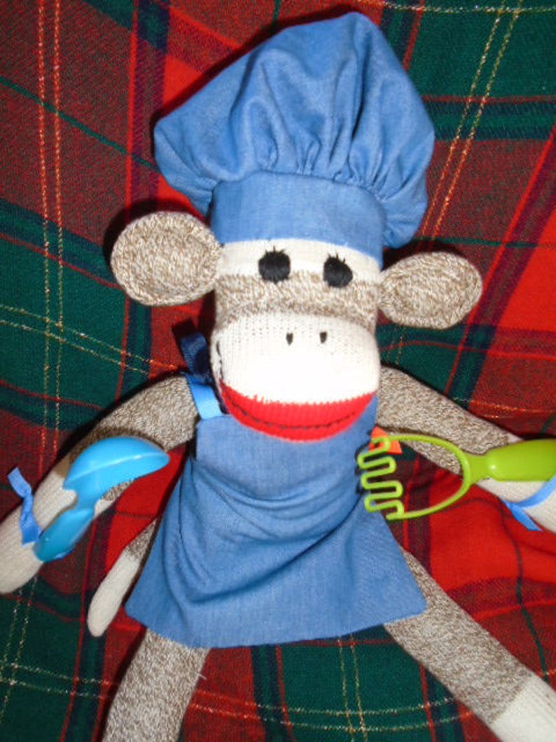 Chef Baker Cook Brown Red Heel SockMonkey Doll With Hat And Apron