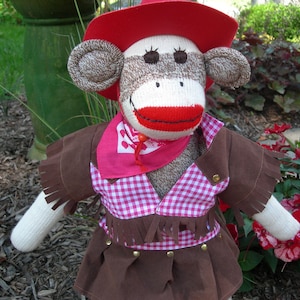 Western Rodeo Cowgirl/ Little Buckaroo Brown Sock Monkey Doll