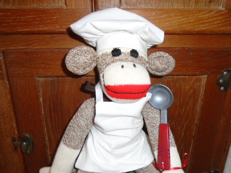 Chef Baker Cook Brown Red Heel SockMonkey Doll With Hat And Apron
